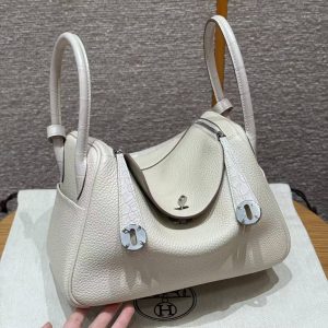 Hermes Lindy 26 CM Bag Handmade In Taurillon Clemence Leather and Matte Alligator Crocodile Silver Hardware 8L Beton