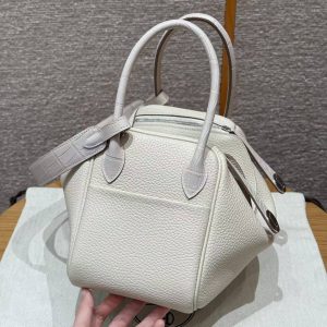 Hermes Lindy 26 CM Bag Handmade In Taurillon Clemence Leather and Matte Alligator Crocodile Silver Hardware 8L Beton - Image 19
