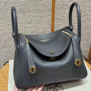 Hermes Lindy 30 CM Bag Handmade In Taurillon Clemence Leather And Matte Alligator Crocodile Gold Hardware 88 Graphite