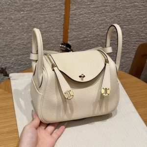 Hermes Lindy 19 CM Bag Handmade In Taurillon Clemence Leather Gold Hardware i2 Nata