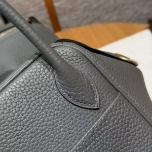 Hermes Lindy 26 CM Bag Handmade In Taurillon Clemence Leather and Alligator Gold Hardware 0L Gris Meyer - Image 7