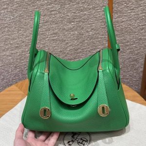 Hermes Lindy 26 CM Bag Handmade In Taurillon Clemence Leather Gold Hardware 1k Bambou