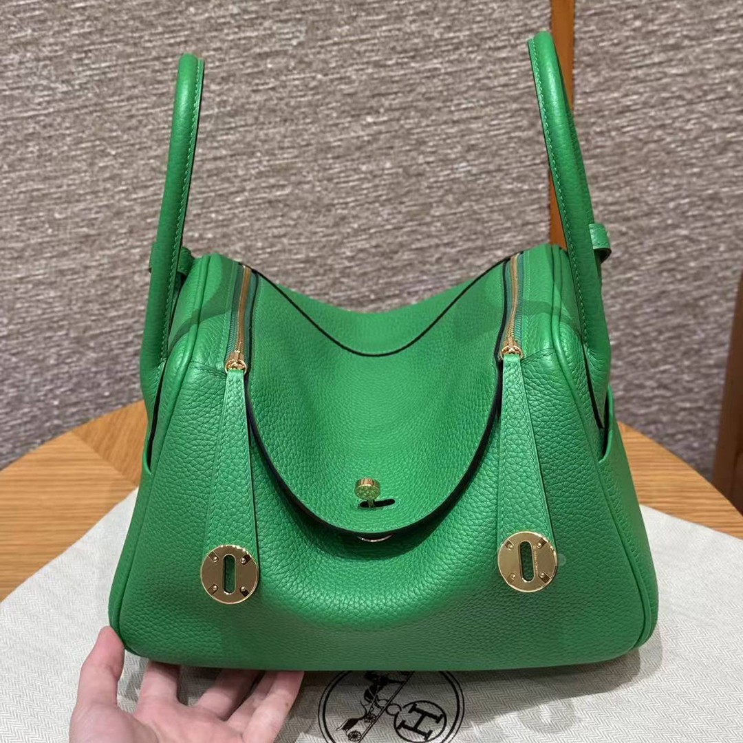 Hermes Lindy 26 CM Bag Handmade In Taurillon Clemence Leather Gold Hardware 1k Bambou
