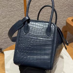 Hermes Lindy 26 CM Bag Handmade In Niloticus Leather From Nile Silver Hardware 2Z Bleu Niut 71 Blue France - Image 19