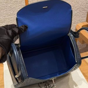 Hermes Lindy 26 CM Bag Handmade In Niloticus Leather From Nile Silver Hardware 2Z Bleu Niut 71 Blue France - Image 16