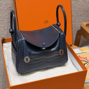 Hermes Lindy 26 CM Bag Handmade In Niloticus Leather From Nile Silver Hardware 2Z Bleu Niut 71 Blue France - Image 12
