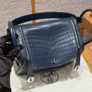 Hermes Lindy 26 CM Bag Handmade In Niloticus Leather From Nile Silver Hardware 2Z Bleu Niut 71 Blue France - Image 11