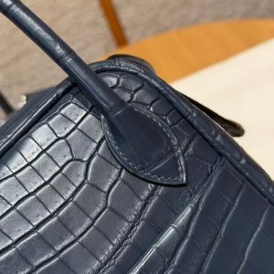Hermes Lindy 26 CM Bag Handmade In Niloticus Leather From Nile Silver Hardware 2Z Bleu Niut 71 Blue France - Image 9