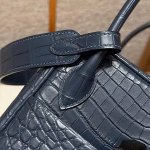 Hermes Lindy 26 CM Bag Handmade In Niloticus Leather From Nile Silver Hardware 2Z Bleu Niut 71 Blue France - Image 8