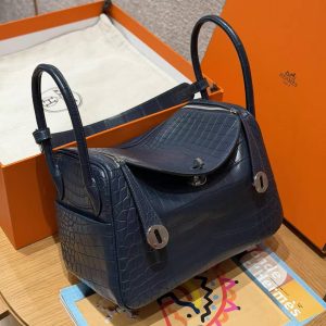 Hermes Lindy 26 CM Bag Handmade In Niloticus Leather From Nile Silver Hardware 2Z Bleu Niut 71 Blue France - Image 3