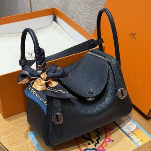 Hermes Lindy 26 CM Bag Handmade In Taurillon Clemence Leather Silver Hardware 2Z Bleu Niut - Image 3