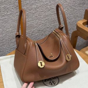 Hermes Lindy 26 CM Bag Handmade In Taurillon Clemence Leather Gold Hardware 37 Gold