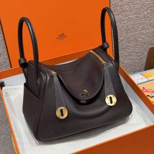 Hermes Lindy 26 CM Bag Handmade In Taurillon Clemence Leather Gold Hardware 46 Ebene