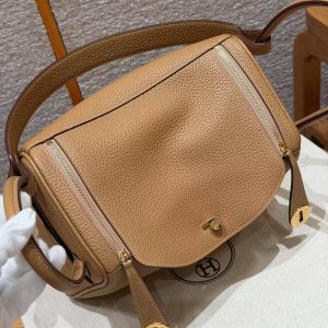 Hermes Lindy 26 CM Bag Handmade In Taurillon Clemence Leather Gold Hardware 4B Biscuit - Image 18