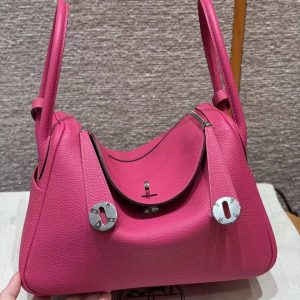 Hermes Lindy 26 CM Bag Handmade In Taurillon Clemence Leather Sliver Hardware 5J Fuchia - Image 2