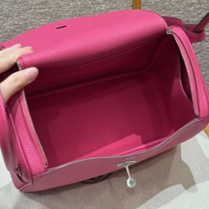 Hermes Lindy 26 CM Bag Handmade In Taurillon Clemence Leather Sliver Hardware 5J Fuchia - Image 15