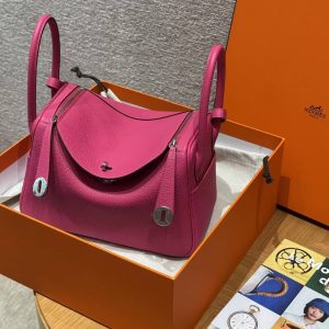 Hermes Lindy 26 CM Bag Handmade In Taurillon Clemence Leather Sliver Hardware 5J Fuchia - Image 13