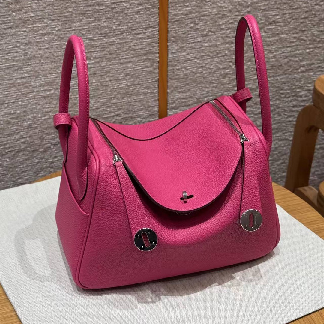 Hermes Lindy 26 CM Bag Handmade In Taurillon Clemence Leather Sliver Hardware 5J Fuchia - Image 12