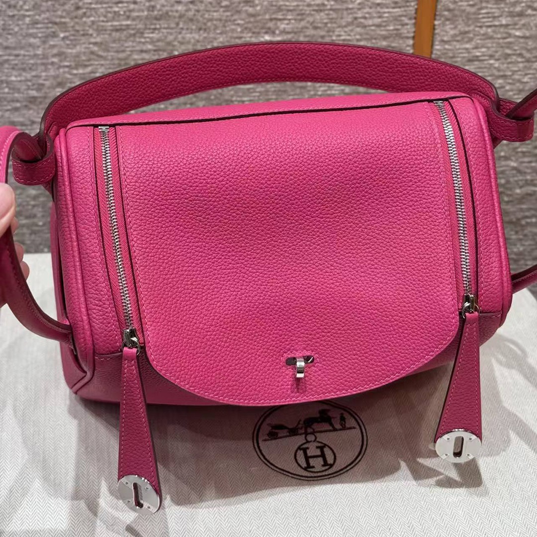 Hermes Lindy 26 CM Bag Handmade In Taurillon Clemence Leather Sliver Hardware 5J Fuchia - Image 10