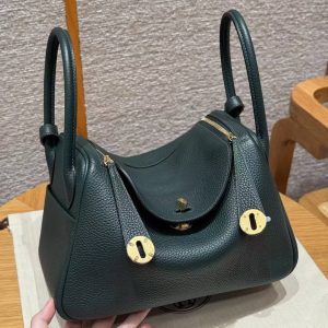 Hermes Lindy 26 CM Bag Handmade In Taurillon Clemence Leather Gold Hardware 60 Vert Cypres