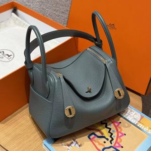 Hermes Lindy 26 CM Bag Handmade In Taurillon Clemence Leather Gold Hardware 63 Vert Amanda - Image 6