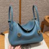 Hermes Lindy 26 CM Bag Handmade In Taurillon Clemence Leather Gold Hardware 75 Blue Jean