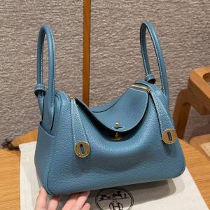 Hermes Lindy 26 CM Bag Handmade In Taurillon Clemence Leather Gold Hardware 75 Blue Jean