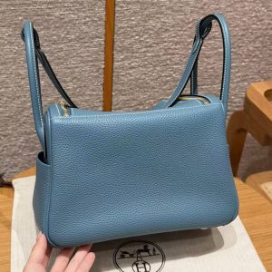 Hermes Lindy 26 CM Bag Handmade In Taurillon Clemence Leather Gold Hardware 75 Blue Jean - Image 2