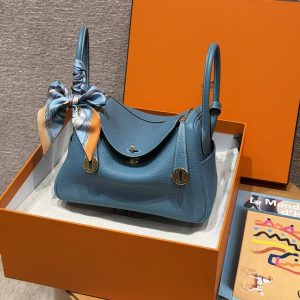 Hermes Lindy 26 CM Bag Handmade In Taurillon Clemence Leather Gold Hardware 75 Blue Jean - Image 14