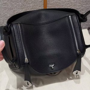 Hermes Lindy 26 CM Bag Handmade In Taurillon Clemence Leather Silver Hardware 89 Noir - Image 13