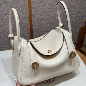 Hermes Lindy 26 CM Bag Handmade In Taurillon Clemence Leather Gold Hardware I2 Nata