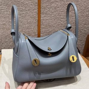 Hermes Lindy 26 CM Bag Handmade In Taurillon Clemence Leather Gold Hardware J7 Blue Lin