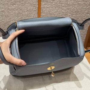 Hermes Lindy 26 CM Bag Handmade In Taurillon Clemence Leather Gold Hardware J7 Blue Lin - Image 13