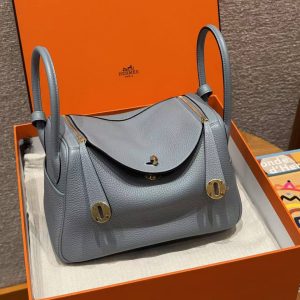 Hermes Lindy 26 CM Bag Handmade In Taurillon Clemence Leather Gold Hardware J7 Blue Lin - Image 11
