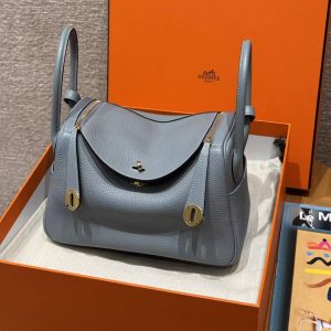 Hermes Lindy 26 CM Bag Handmade In Taurillon Clemence Leather Gold Hardware J7 Blue Lin - Image 10