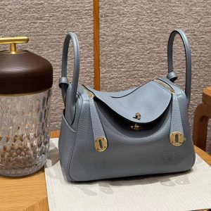 Hermes Lindy 26 CM Bag Handmade In Taurillon Clemence Leather Gold Hardware J7 Blue Lin - Image 9