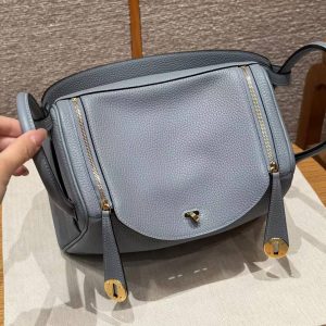 Hermes Lindy 26 CM Bag Handmade In Taurillon Clemence Leather Gold Hardware J7 Blue Lin - Image 8