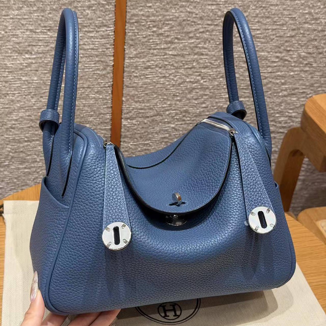 Hermes Lindy 26 CM Bag Handmade In Taurillon Clemence Leather Silver Hardware R2 Blue Agate
