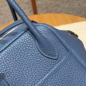 Hermes Lindy 26 CM Bag Handmade In Taurillon Clemence Leather Silver Hardware R2 Blue Agate - Image 7