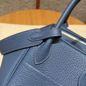 Hermes Lindy 26 CM Bag Handmade In Taurillon Clemence Leather Silver Hardware R2 Blue Agate - Image 5