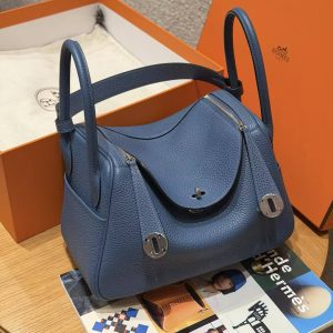 Hermes Lindy 26 CM Bag Handmade In Taurillon Clemence Leather Silver Hardware R2 Blue Agate - Image 3