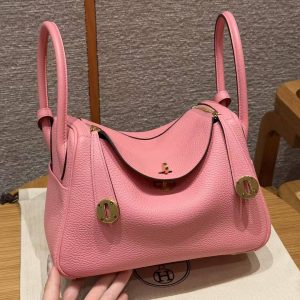 Hermes Lindy 26 CM Bag Handmade In Taurillon Clemence Leather Gold Hardware U5 Rose Lipstick