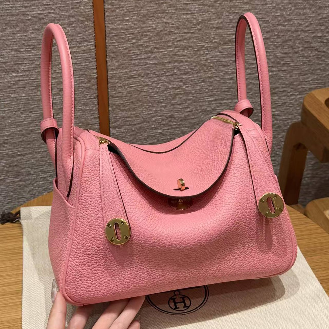 Hermes Lindy 26 CM Bag Handmade In Taurillon Clemence Leather Gold Hardware U5 Rose Lipstick