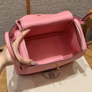 Hermes Lindy 26 CM Bag Handmade In Taurillon Clemence Leather Gold Hardware U5 Rose Lipstick - Image 18