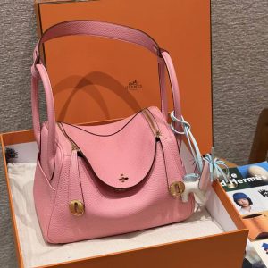 Hermes Lindy 26 CM Bag Handmade In Taurillon Clemence Leather Gold Hardware U5 Rose Lipstick - Image 14