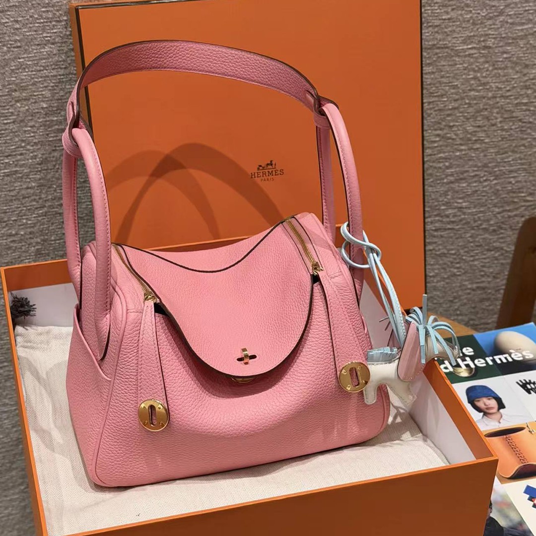 Hermes Lindy 26 CM Bag Handmade In Taurillon Clemence Leather Gold Hardware U5 Rose Lipstick - Image 14