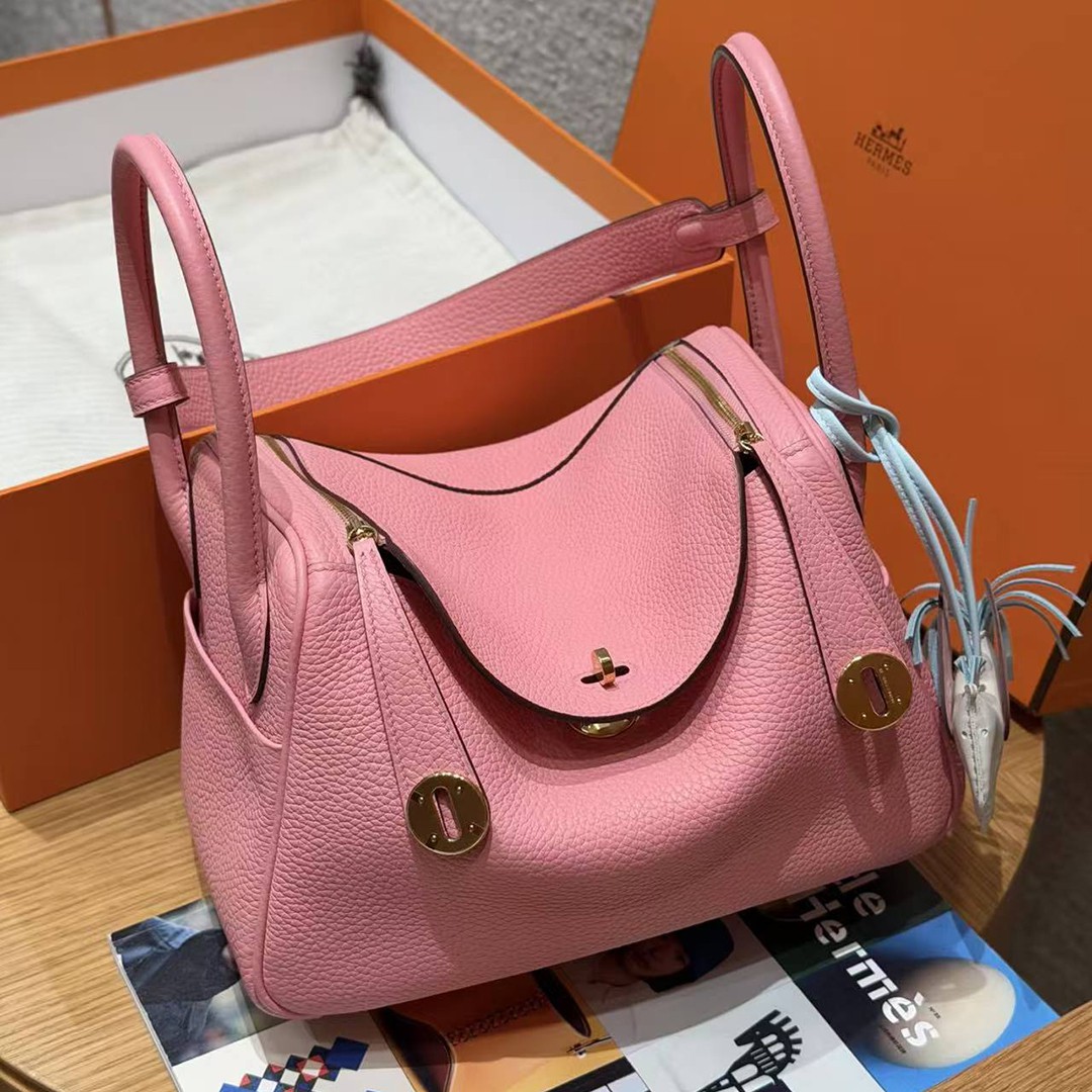 Hermes Lindy 26 CM Bag Handmade In Taurillon Clemence Leather Gold Hardware U5 Rose Lipstick - Image 5