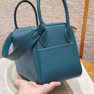 Hermes Lindy 26 CM Bag Handmade In Swift Leather Sliver Hardware W0 Vert Bosphore - Image 16