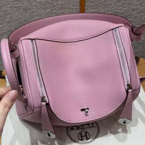 Hermes Lindy 26 CM Bag Handmade In Taurillon Clemence Leather Silver Hardware X9 Mauve - Image 14