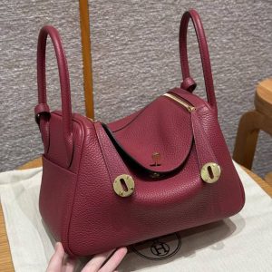 Hermes Lindy 26 CM Bag Handmade In Taurillon Clemence Leather Gold Hardware k1 Rouge Grenat